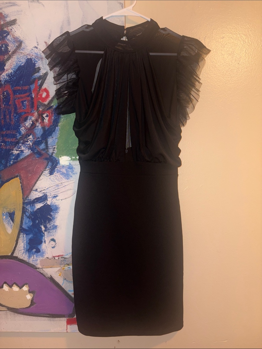 Haute Monde Black Ruffle-Sleeve High-Neck Mini Dress